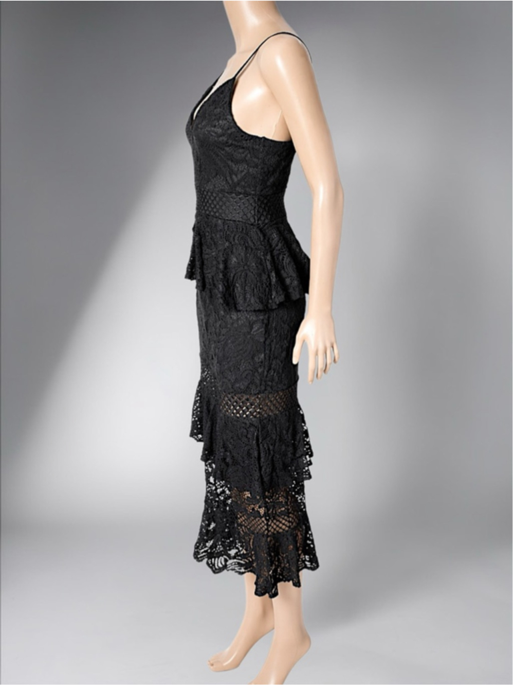 Little Mistress Black Lace Ruffle Midi Dress – Size 6 - Picture 7 of 14